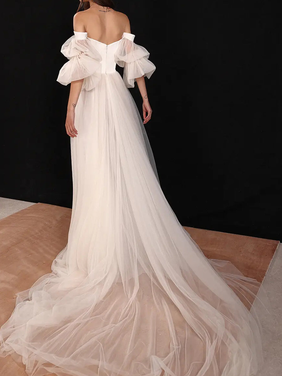 A-line/Princess Off-the-Shoulder Long Sleeves Pleated Chapel Train Tulle Corset Wedding Dress