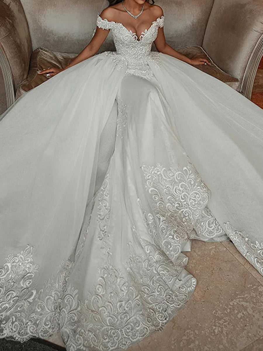 A-line/Princess Off-the-Shoulder Pleated Chapel Train Tulle Corset Wedding Dress
