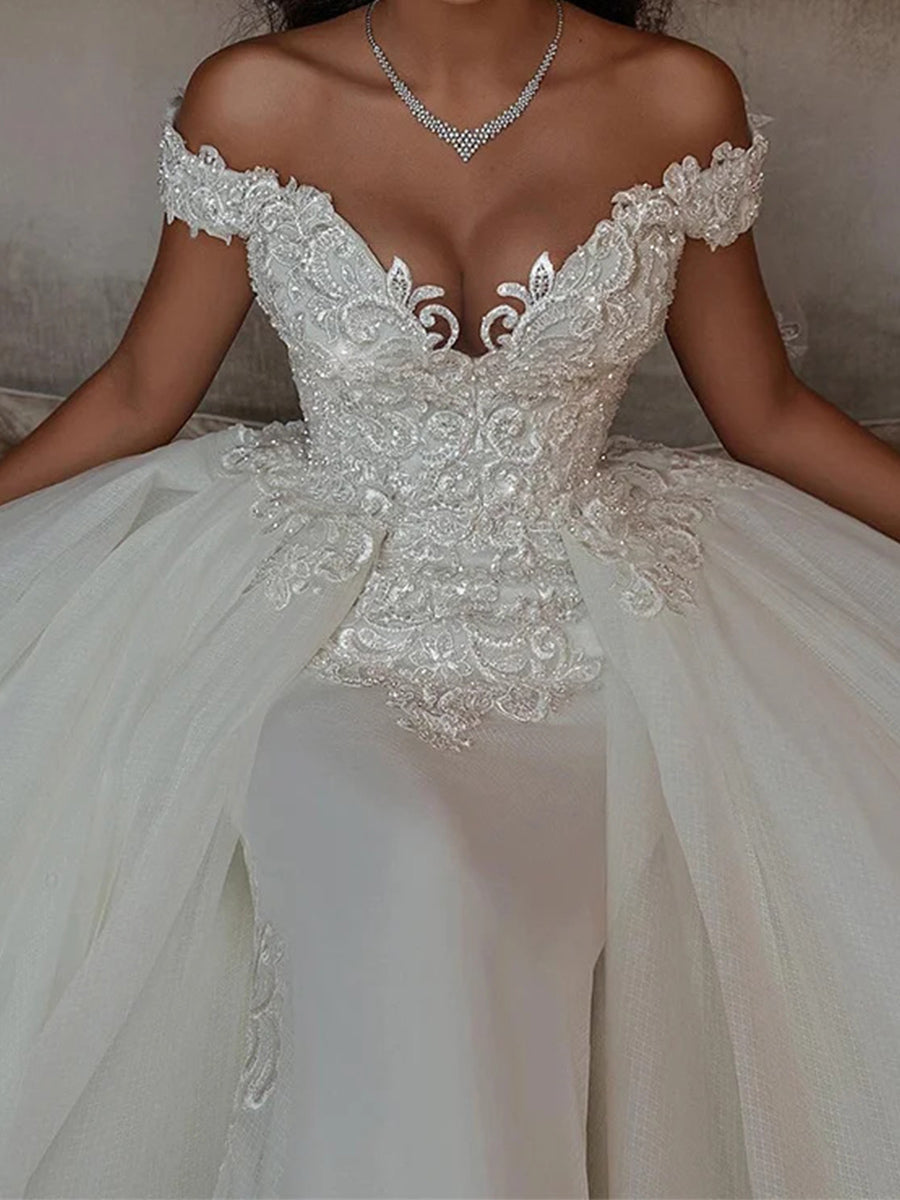 A-line/Princess Off-the-Shoulder Pleated Chapel Train Tulle Corset Wedding Dress