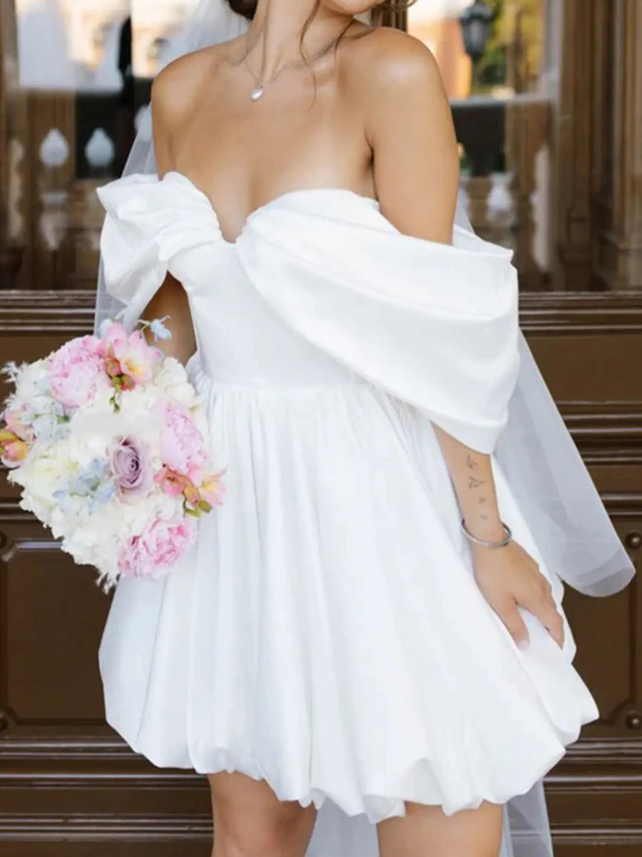 A-line/Princess Off-the-Shoulder Pleated Short/Mini Taffeta Corset Wedding Dress