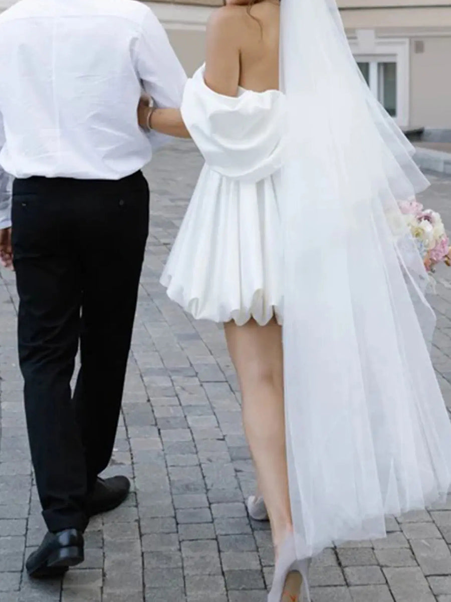 A-line/Princess Off-the-Shoulder Pleated Short/Mini Taffeta Corset Wedding Dress