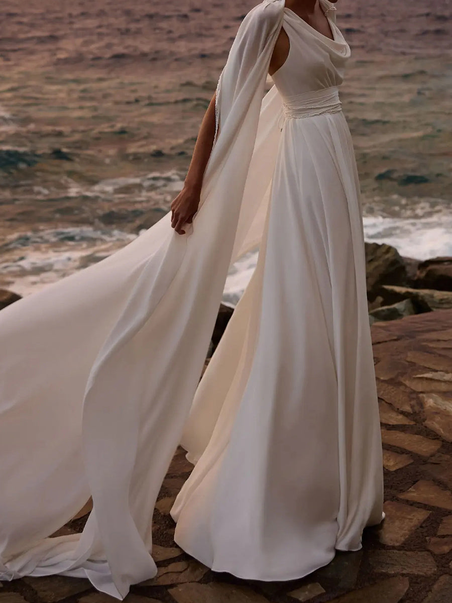 A-line/Princess Halter Pleated Sweep Train Charmeuse Corset Wedding Dress