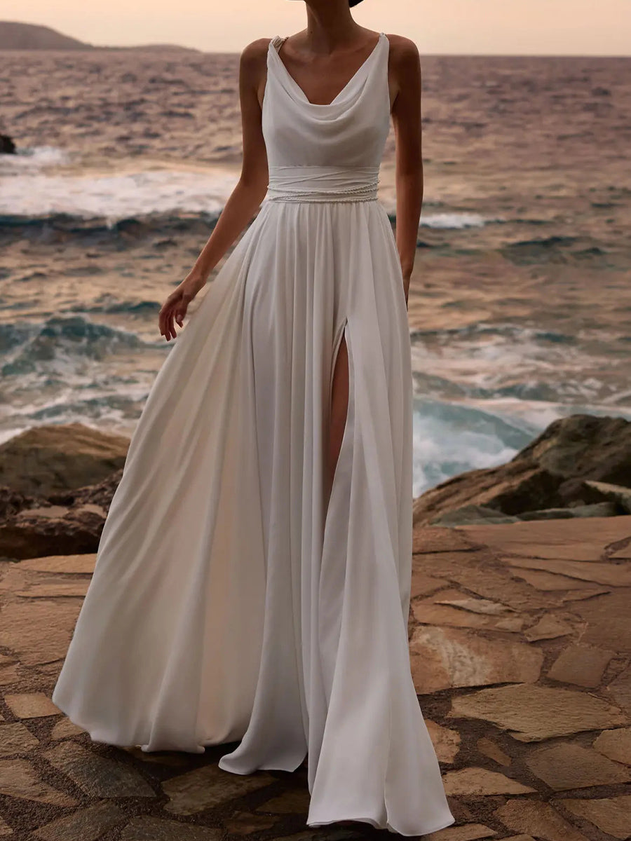 A-line/Princess Halter Pleated Sweep Train Charmeuse Corset Wedding Dress