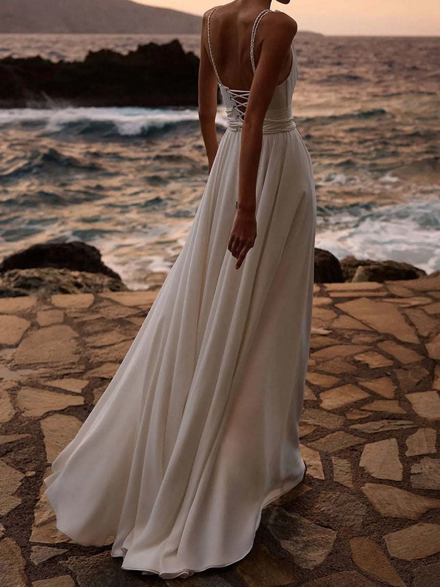 A-line/Princess Halter Pleated Sweep Train Charmeuse Corset Wedding Dress