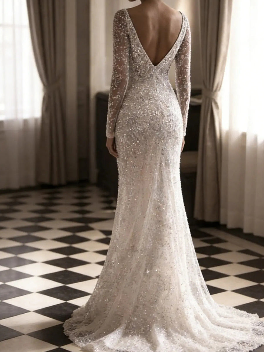 Sheath/Column V-neck Long Sleeves Pleated Sweep Train Tulle Corset Wedding Dress