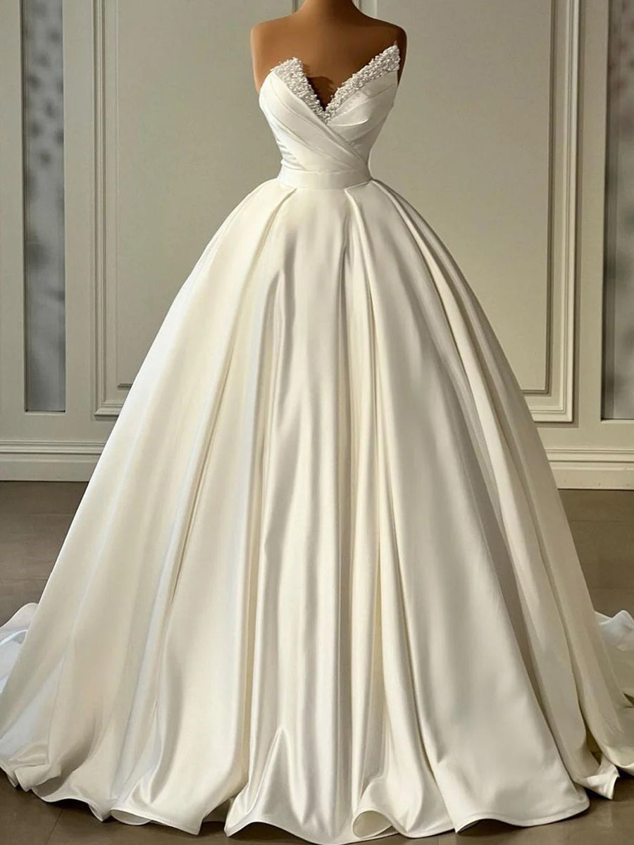 A-line/Princess V-neck Pleated Sweep Train Satin Corset Wedding Dress