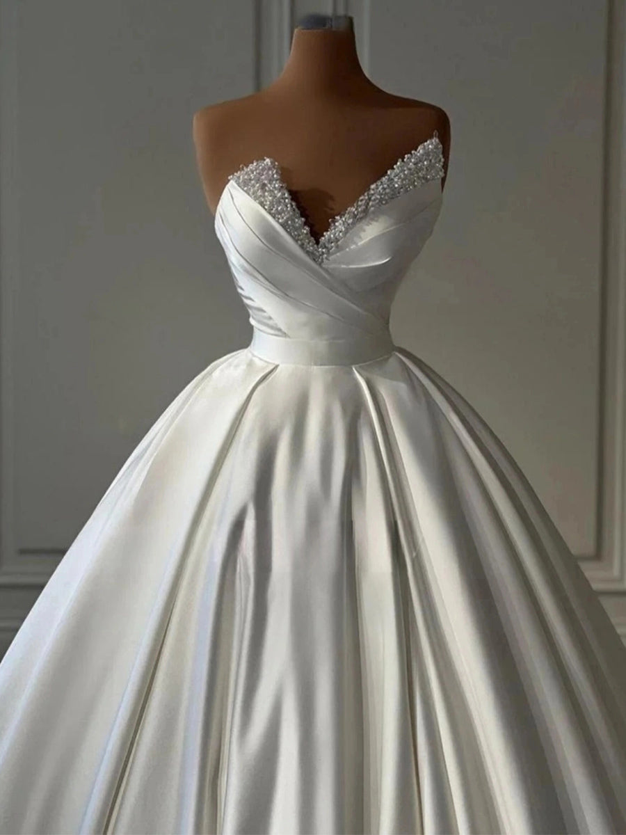 A-line/Princess V-neck Pleated Sweep Train Satin Corset Wedding Dress