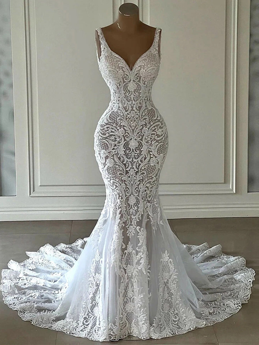 Trumpet/Mermaid V-neck Appliques Lace Chapel Train Tulle Corset Wedding Dress