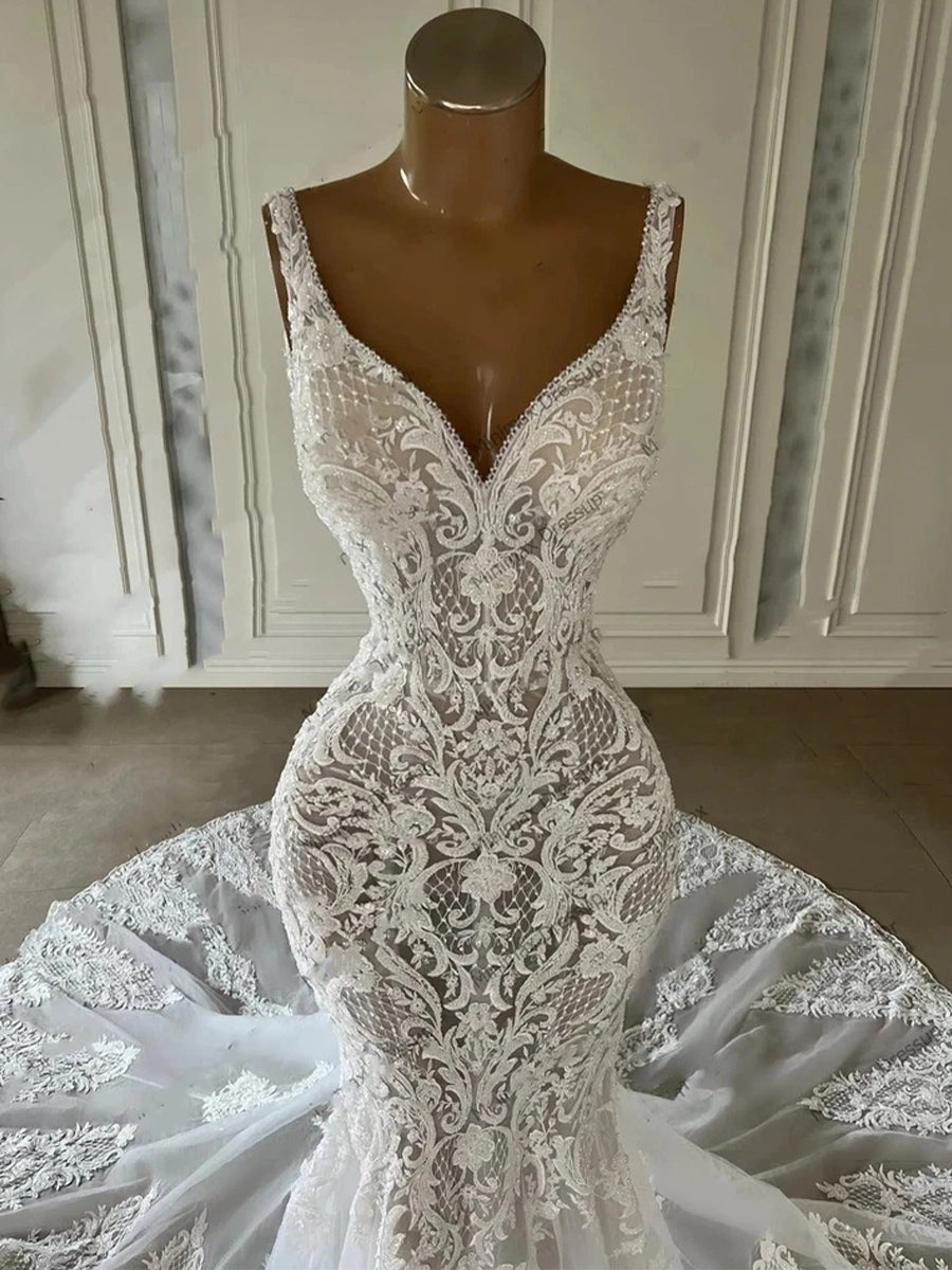 Trumpet/Mermaid V-neck Appliques Lace Chapel Train Tulle Corset Wedding Dress