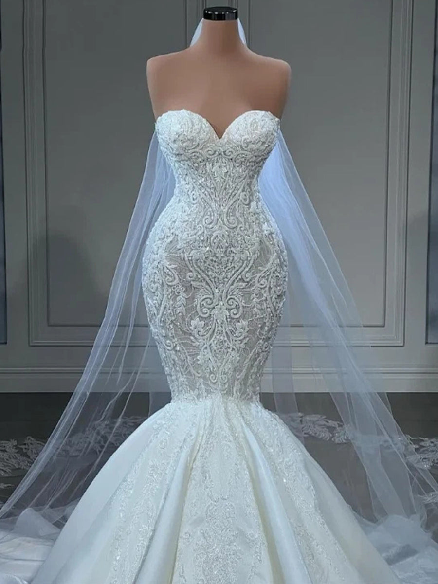 Trumpet/Mermaid Sweetheart Appliques Lace Court Train Satin Corset Wedding Dress