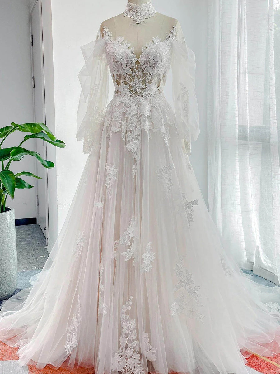 A-line/Princess Sweetheart Long Sleeves Appliques Lace Court Train Tulle Corset Wedding Dress