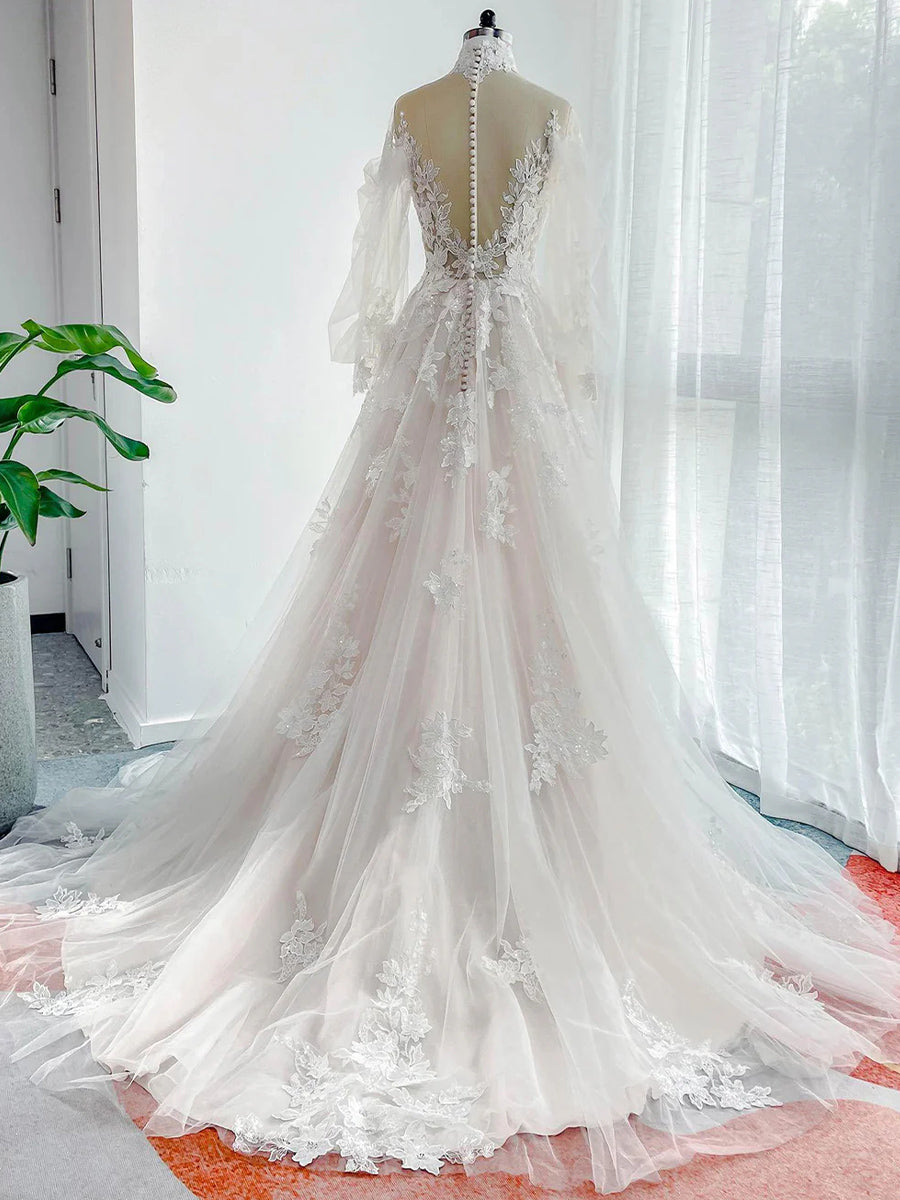 A-line/Princess Sweetheart Long Sleeves Appliques Lace Court Train Tulle Corset Wedding Dress