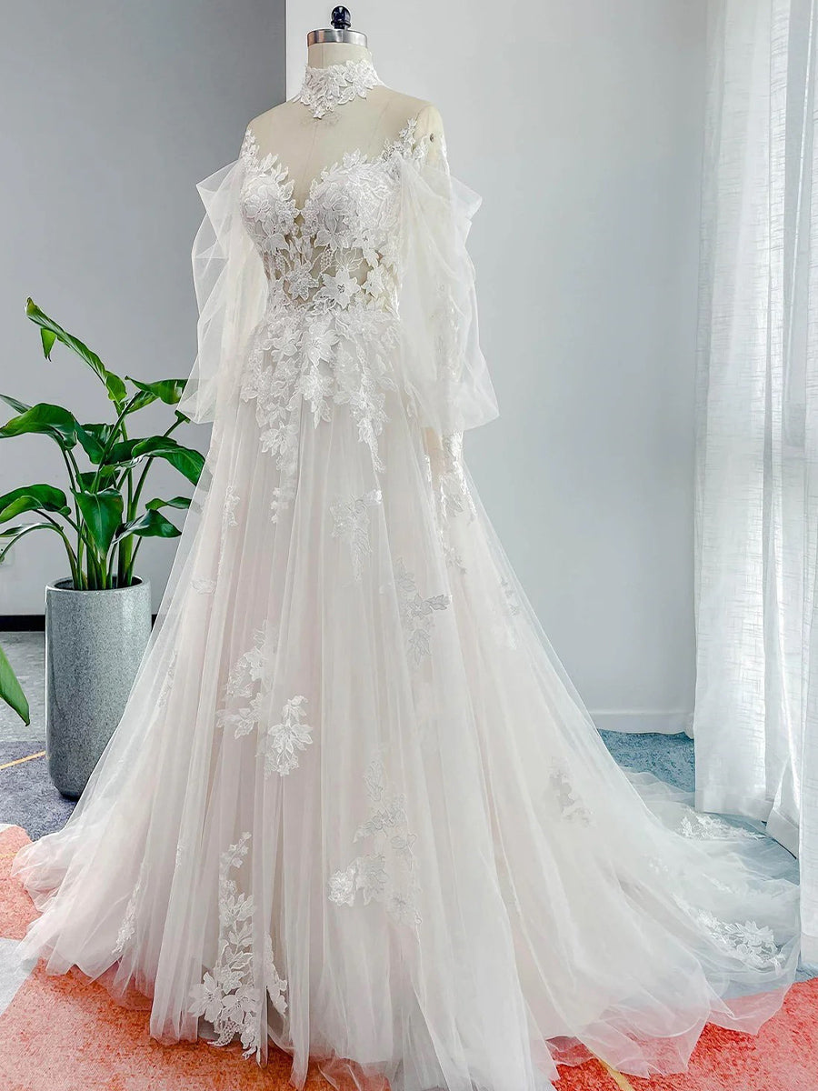 A-line/Princess Sweetheart Long Sleeves Appliques Lace Court Train Tulle Corset Wedding Dress