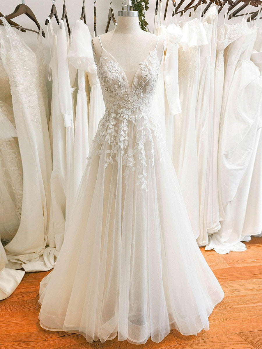 A-line/Princess V-neck Appliques Lace Floor-Length Tulle Corset Wedding Dress