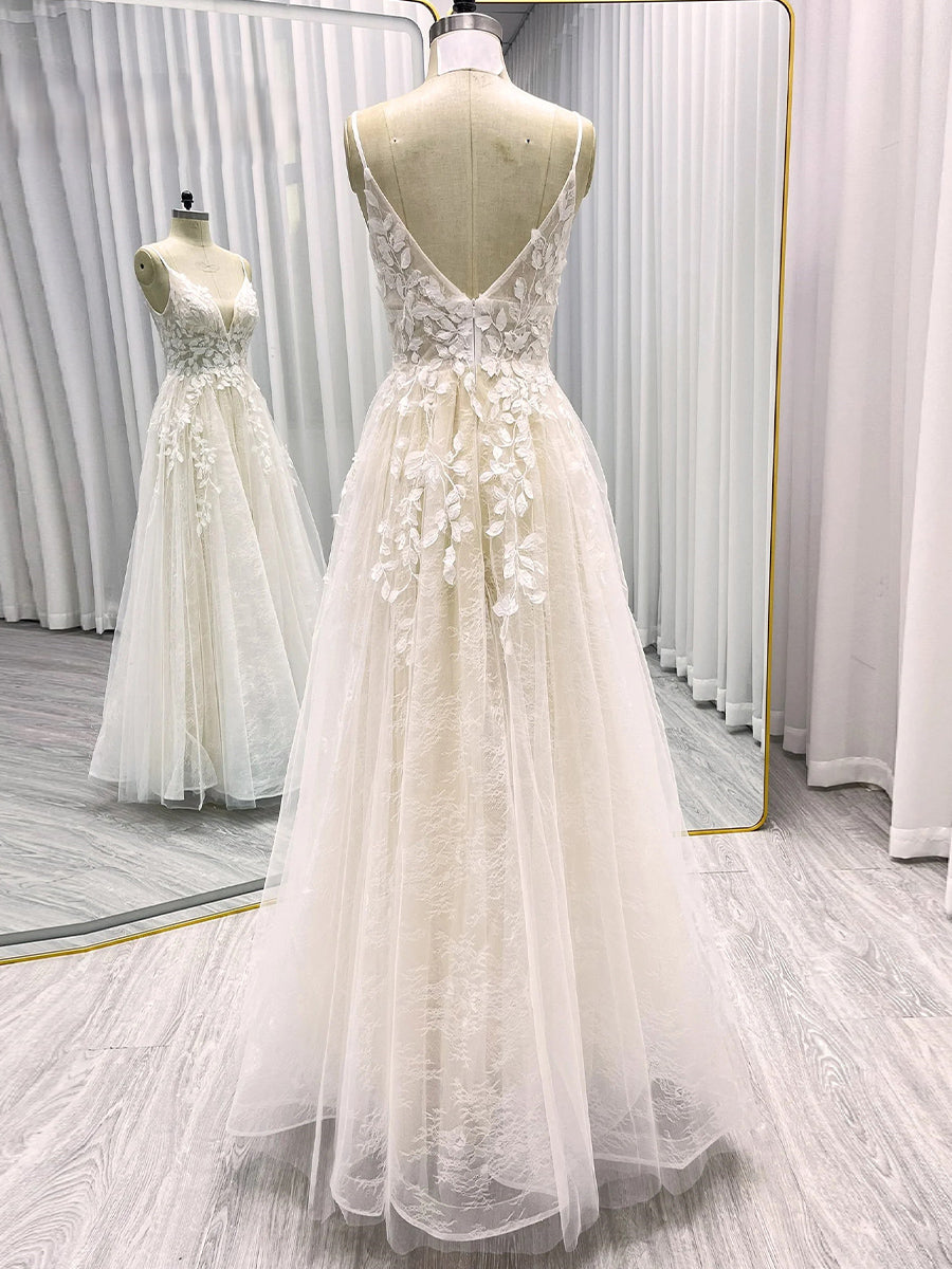 A-line/Princess V-neck Appliques Lace Floor-Length Tulle Corset Wedding Dress