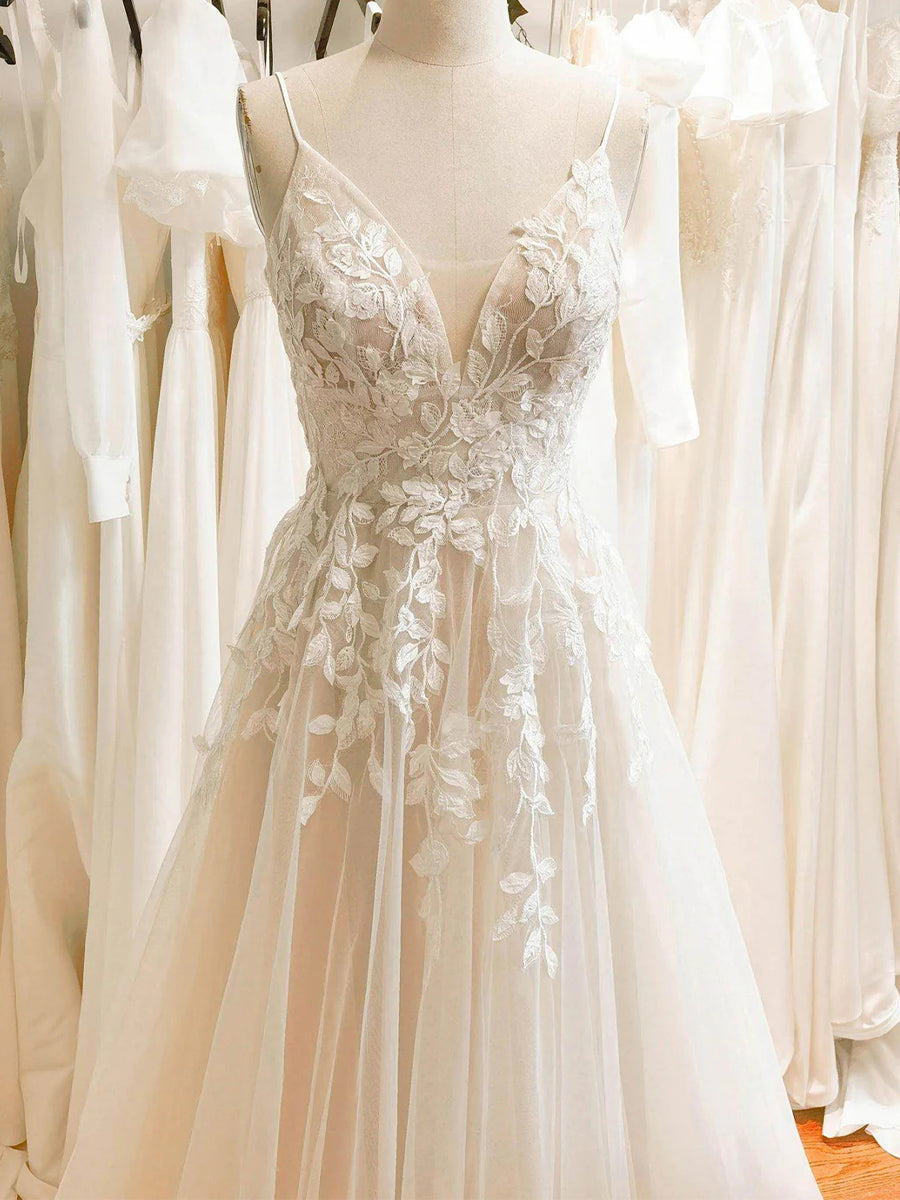 A-line/Princess V-neck Appliques Lace Floor-Length Tulle Corset Wedding Dress
