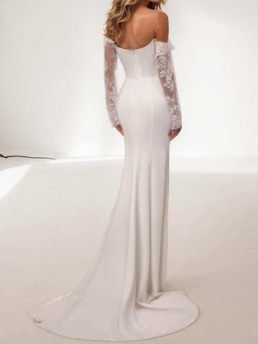 Sheath/Column Off-the-Shoulder Long Sleeves Pleated Sweep Train Charmeuse Corset Wedding Dress