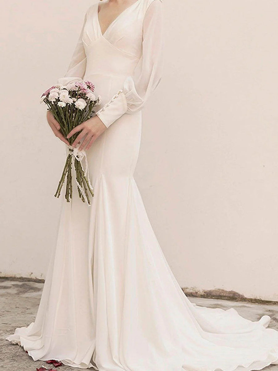 Sheath/Column V-neck Long Sleeves Pleated Sweep Train Satin Chiffon Wedding Dress
