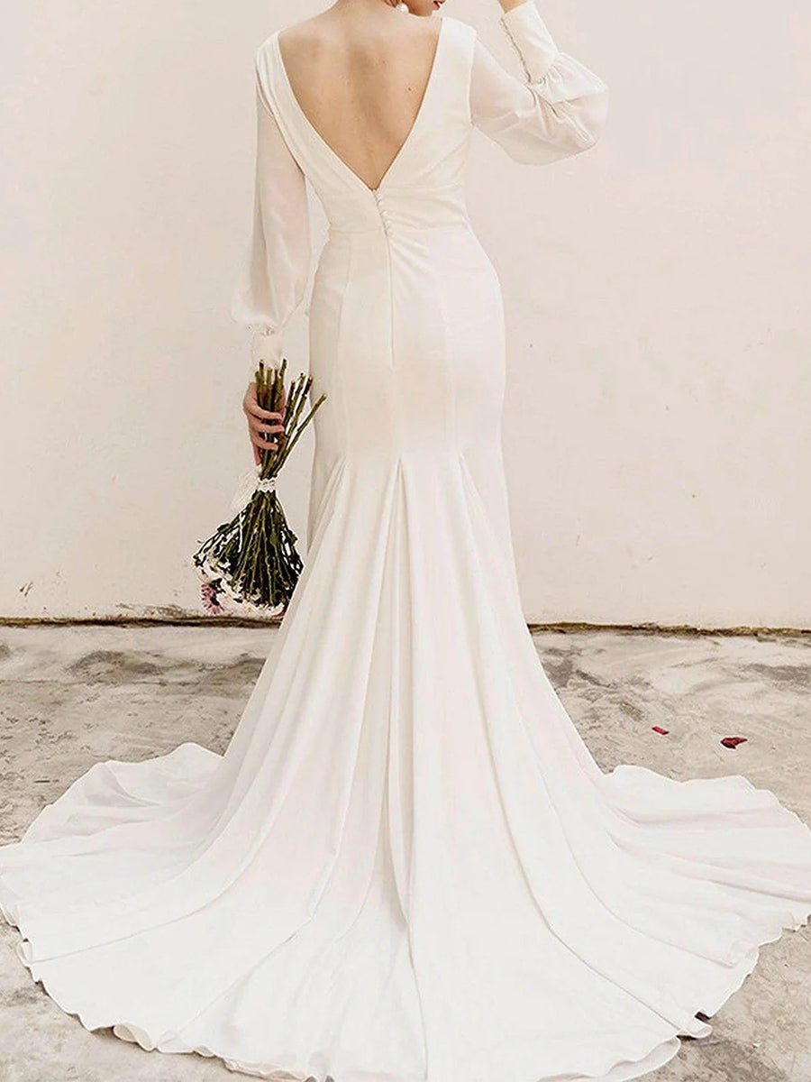 Sheath/Column V-neck Long Sleeves Pleated Sweep Train Satin Chiffon Wedding Dress