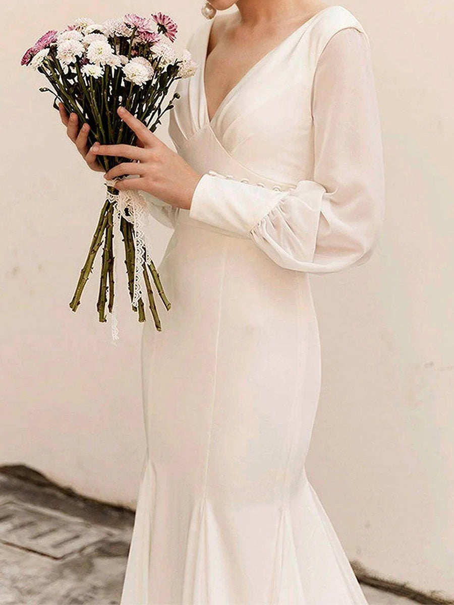 Sheath/Column V-neck Long Sleeves Pleated Sweep Train Satin Chiffon Wedding Dress