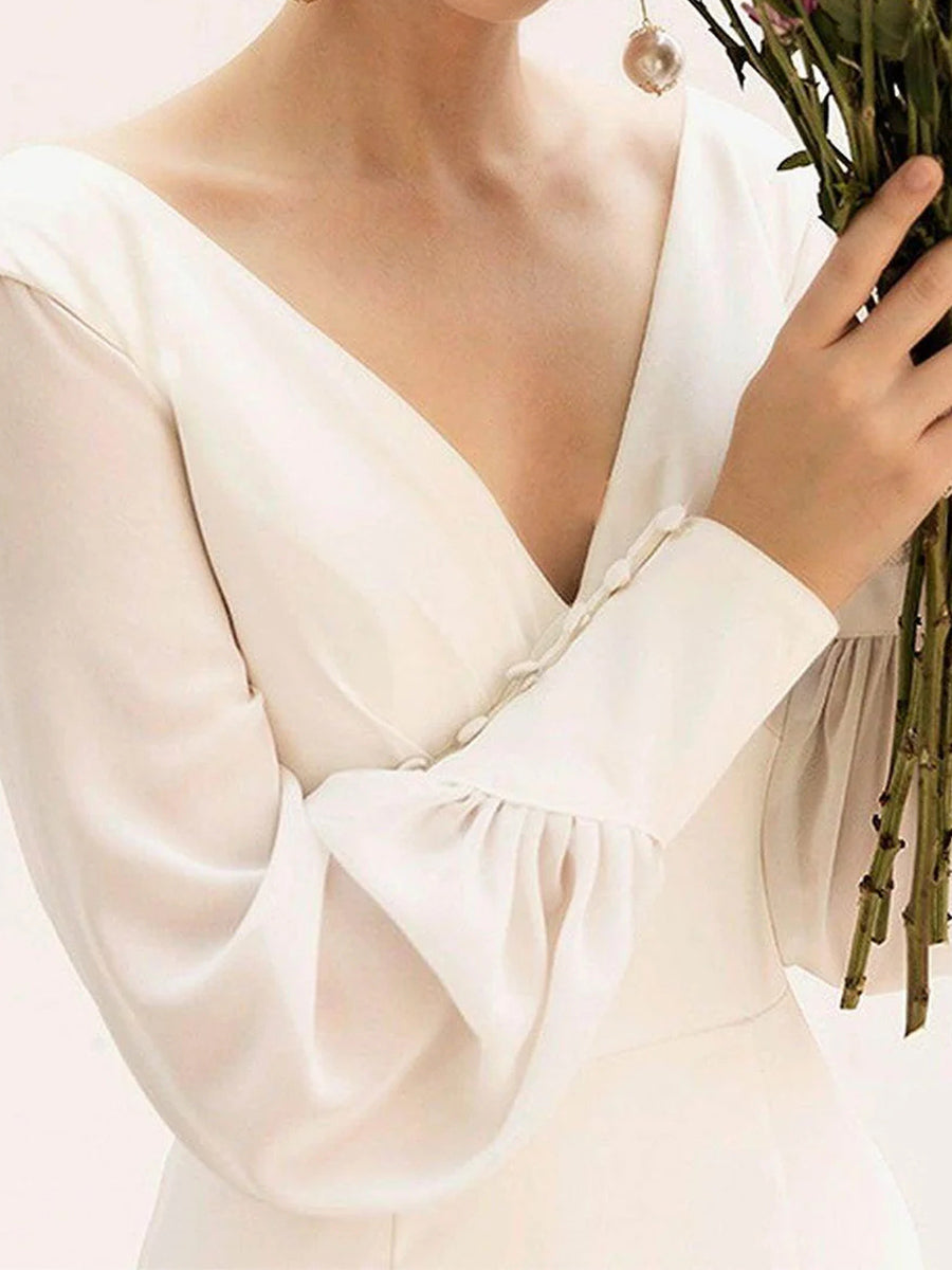 Sheath/Column V-neck Long Sleeves Pleated Sweep Train Satin Chiffon Wedding Dress
