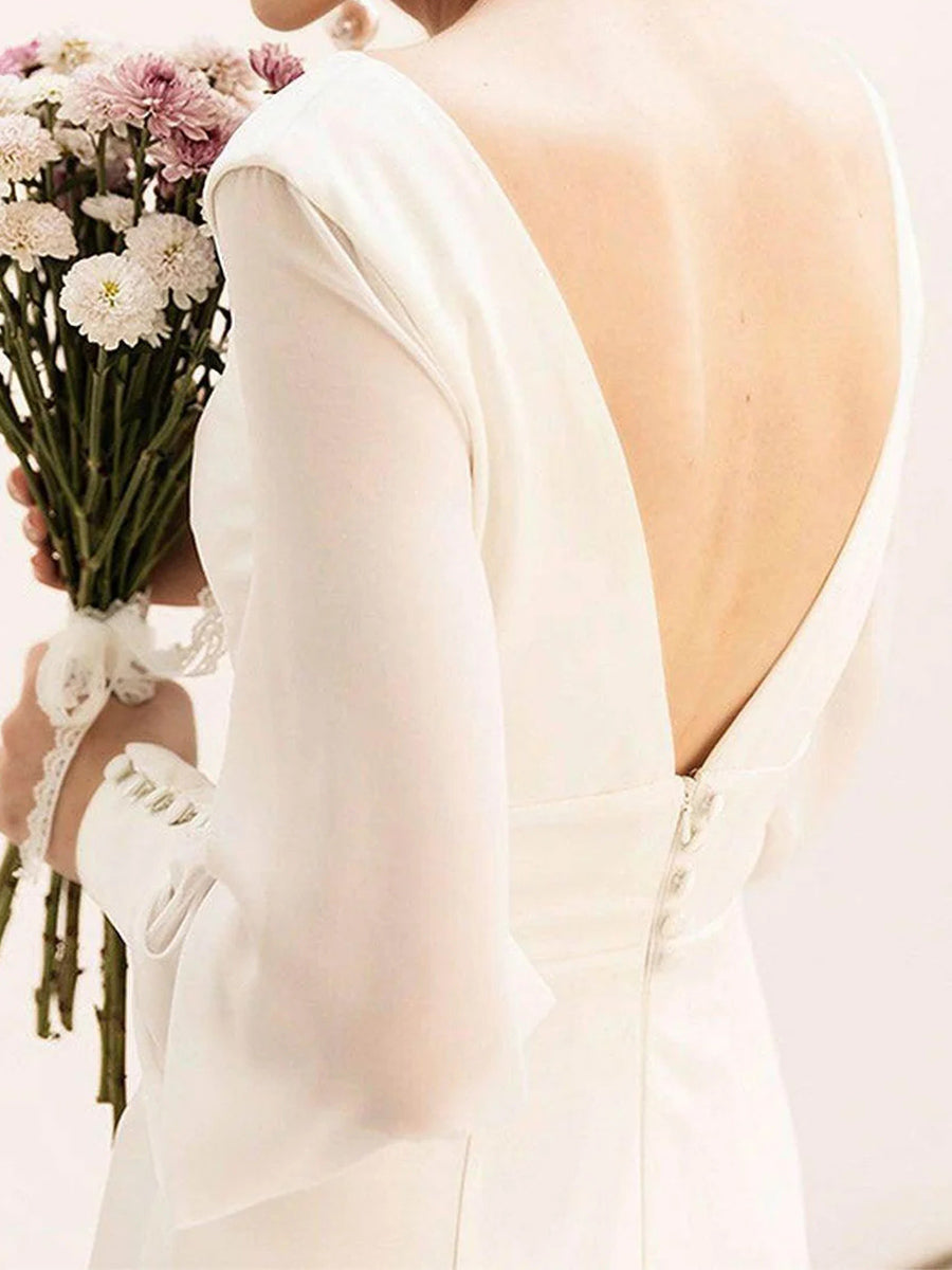 Sheath/Column V-neck Long Sleeves Pleated Sweep Train Satin Chiffon Wedding Dress