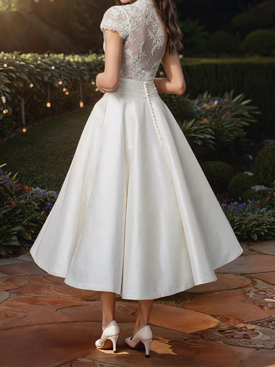 A-line/Princess V-neck Pleated Tea-Length Satin Corset Wedding Dress