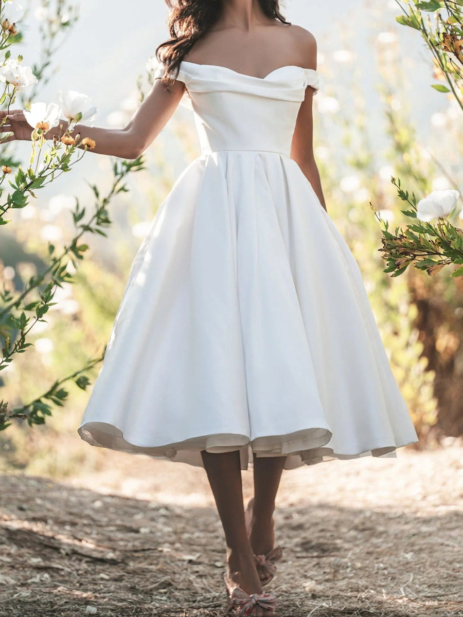 A-line/Princess Off-the-Shoulder Pleated Tea-Length Satin Corset Wedding Dress