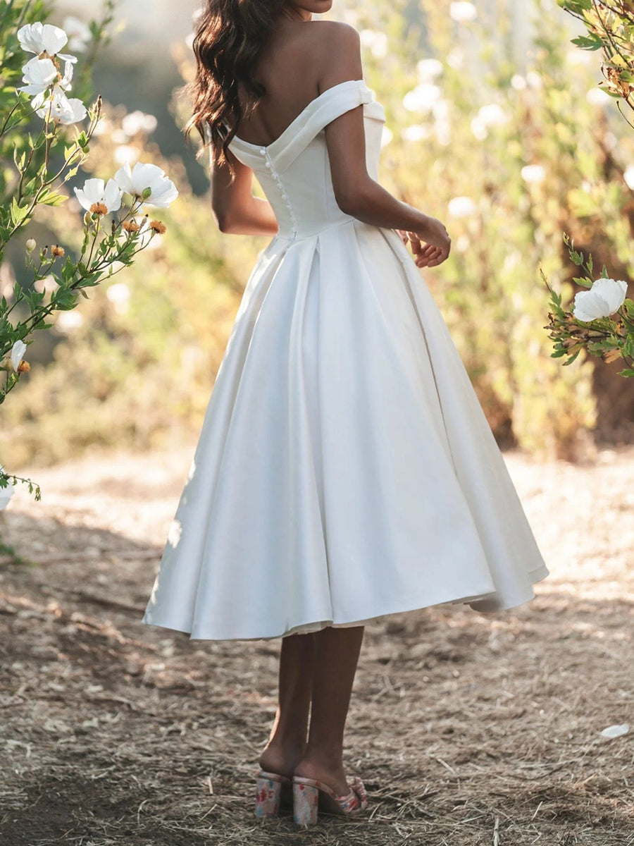 A-line/Princess Off-the-Shoulder Pleated Tea-Length Satin Corset Wedding Dress