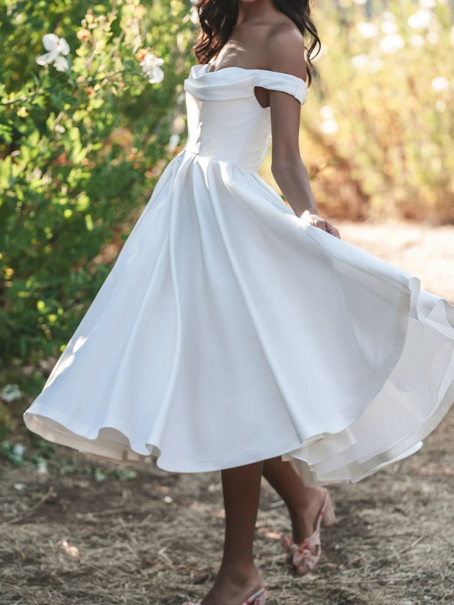 A-line/Princess Off-the-Shoulder Pleated Tea-Length Satin Corset Wedding Dress