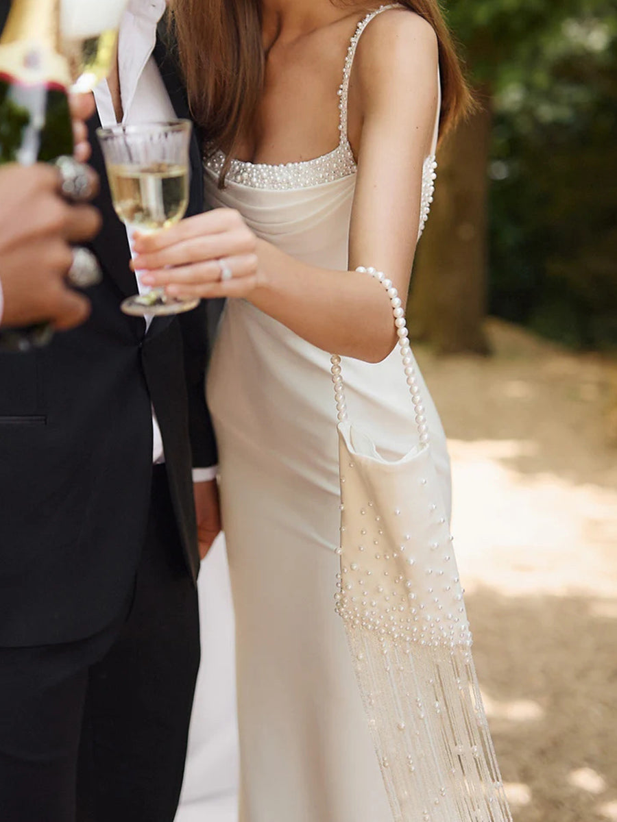 Sheath/Column Square Pleated Sweep Train Stretch Crepe Wedding Dress