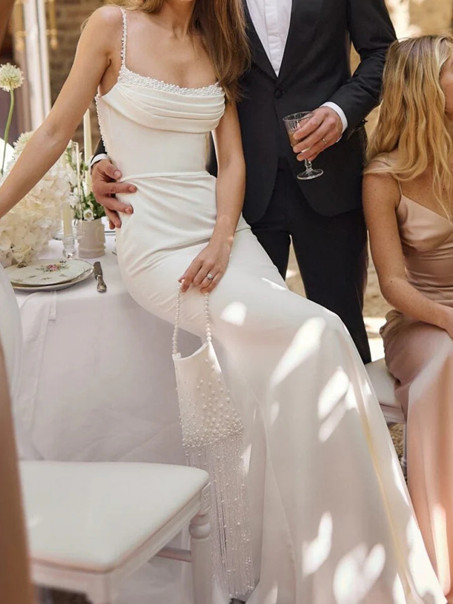 Sheath/Column Square Pleated Sweep Train Stretch Crepe Wedding Dress