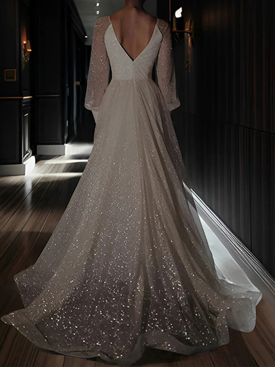A-line/Princess V-neck Long Sleeves Pleated Sweep Train Wedding Dress