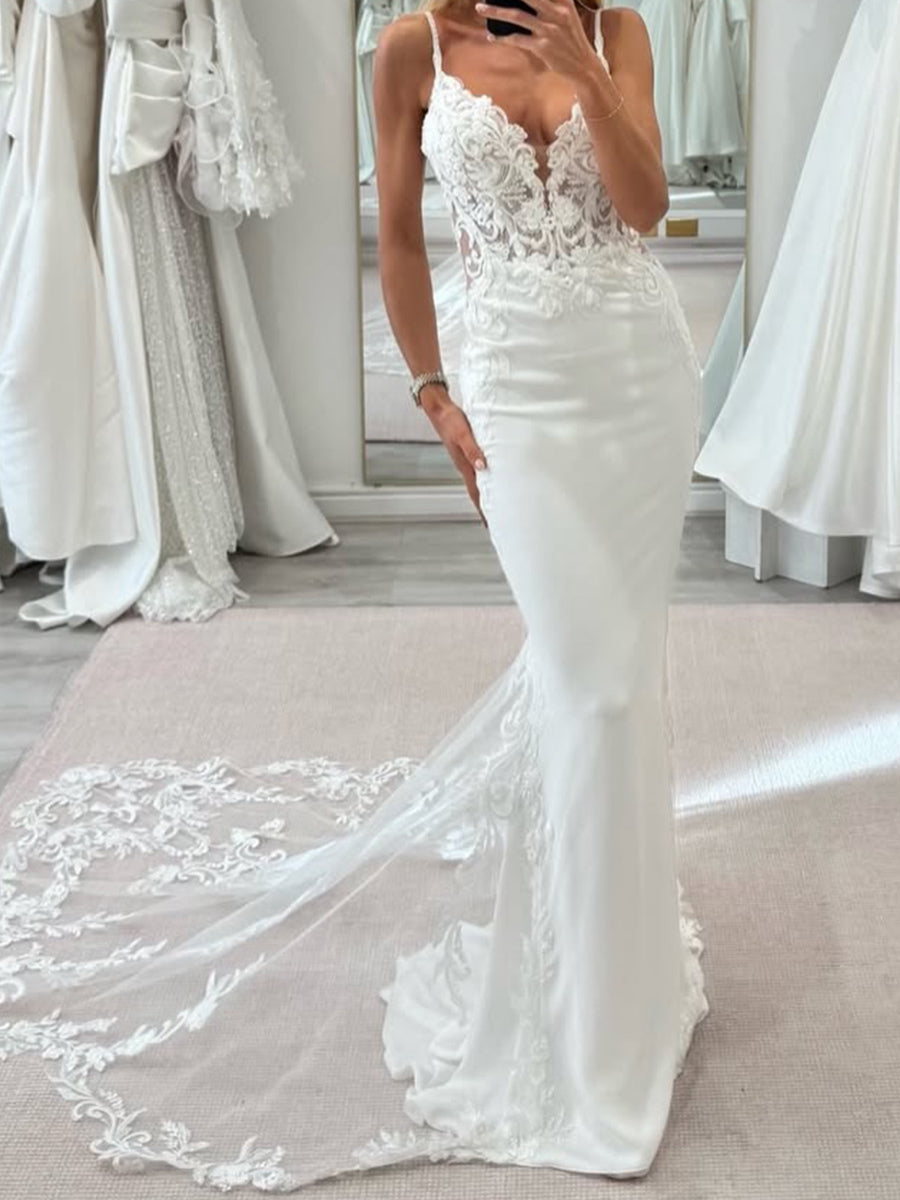 Sheath/Column Spaghetti Straps Appliques Lace Chapel Train Charmeuse Corset Wedding Dress