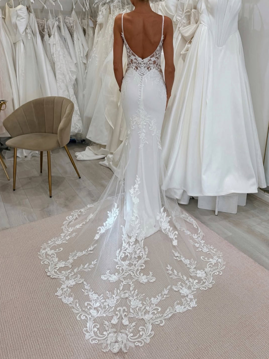 Sheath/Column Spaghetti Straps Appliques Lace Chapel Train Charmeuse Corset Wedding Dress