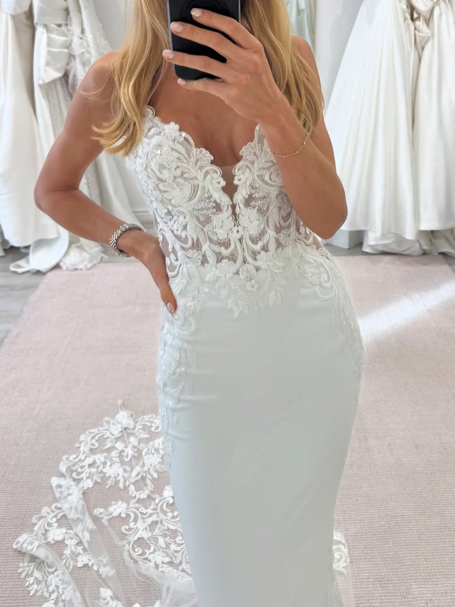 Sheath/Column Spaghetti Straps Appliques Lace Chapel Train Charmeuse Corset Wedding Dress
