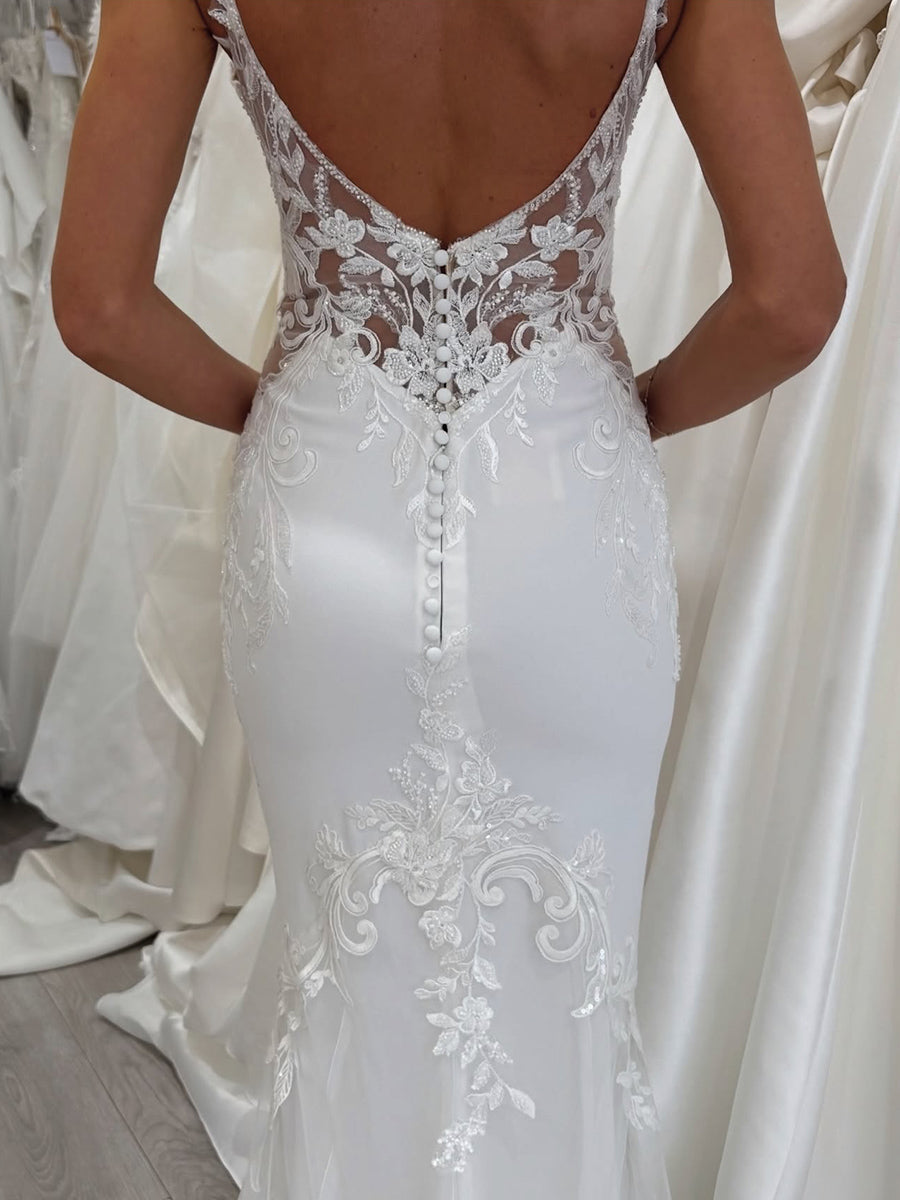Sheath/Column Spaghetti Straps Appliques Lace Chapel Train Charmeuse Corset Wedding Dress