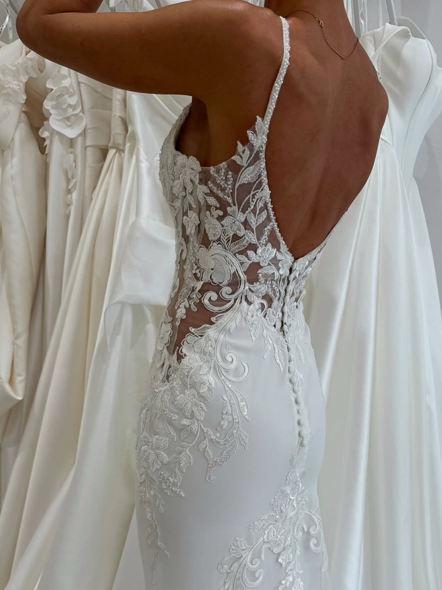 Sheath/Column Spaghetti Straps Appliques Lace Chapel Train Charmeuse Corset Wedding Dress