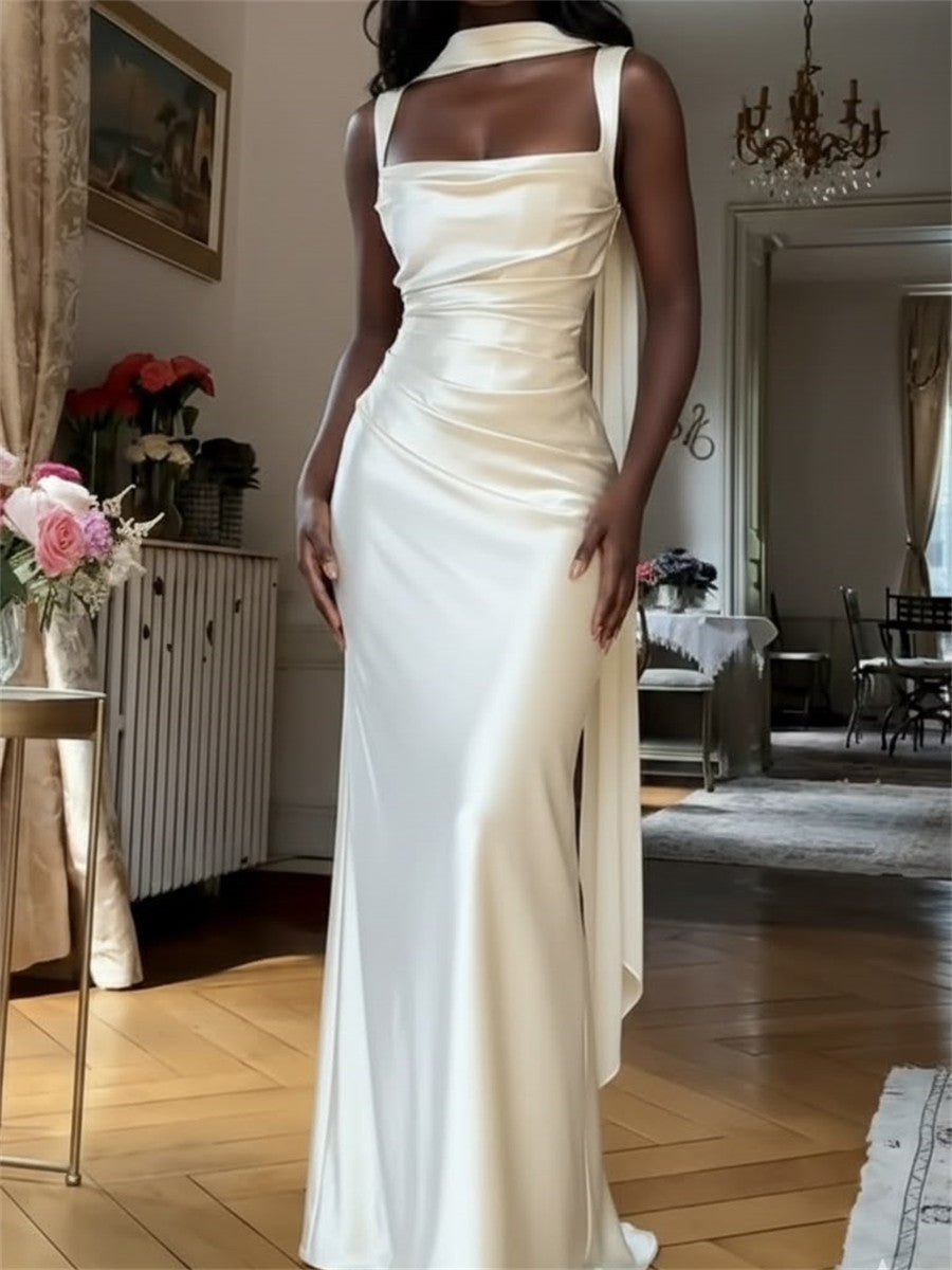 Sheath/Column Straps Pleated Floor-Length Wedding Dress