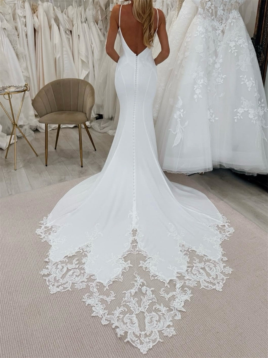 Sheath/Column Spaghetti Straps Appliques Lace Cathedral Train Charmeuse Corset Wedding Dress