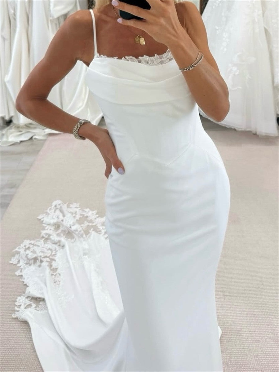 Sheath/Column Spaghetti Straps Appliques Lace Cathedral Train Charmeuse Corset Wedding Dress