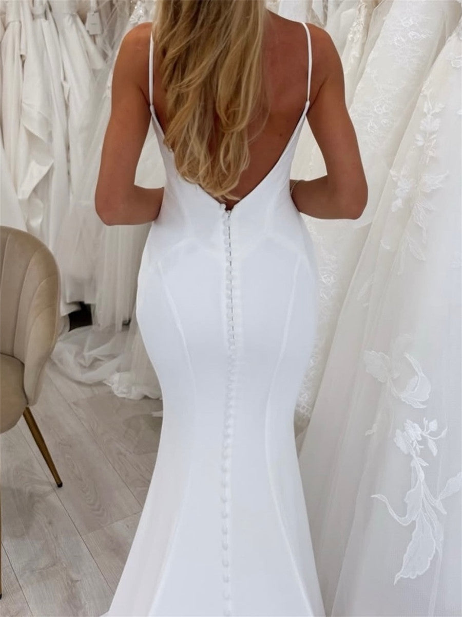 Sheath/Column Spaghetti Straps Appliques Lace Cathedral Train Charmeuse Corset Wedding Dress