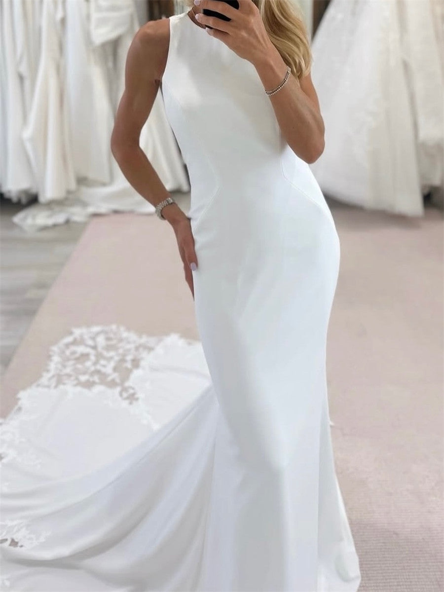 Sheath/Column Scoop Appliques Lace Chapel Train Charmeuse Corset Wedding Dress