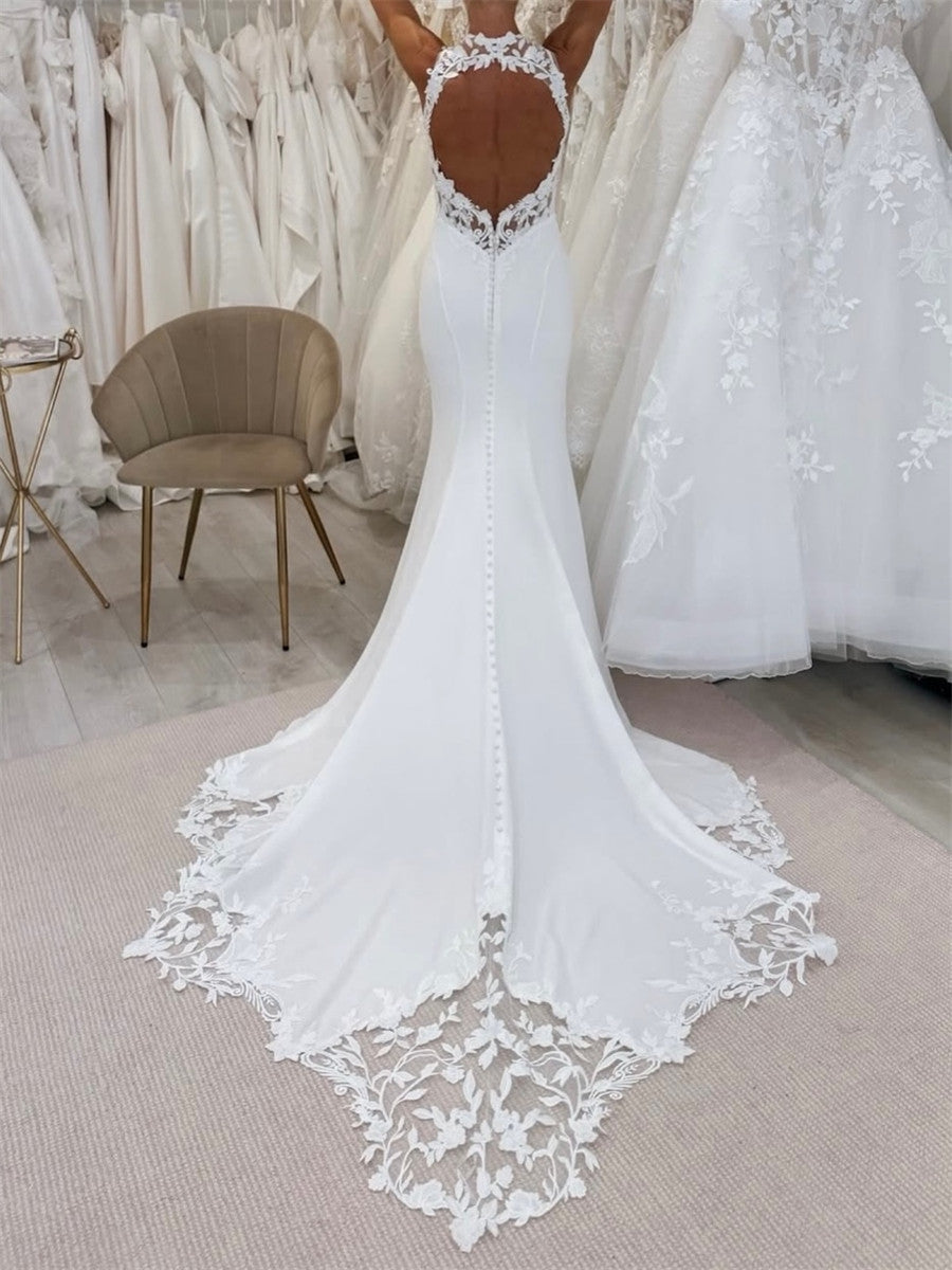 Sheath/Column Scoop Appliques Lace Chapel Train Charmeuse Corset Wedding Dress