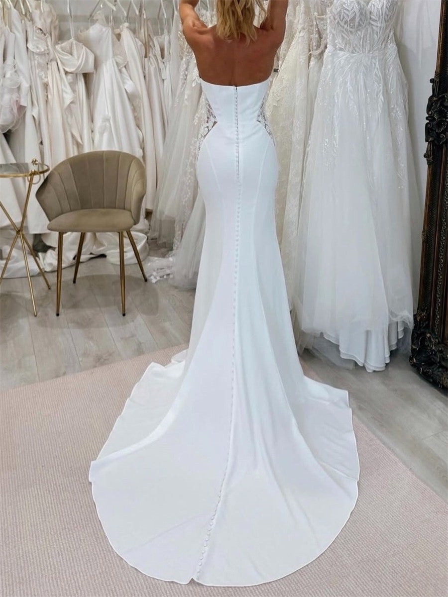 Sheath/Column Scoop Appliques Lace Chapel Train Stretch Crepe Wedding Dress