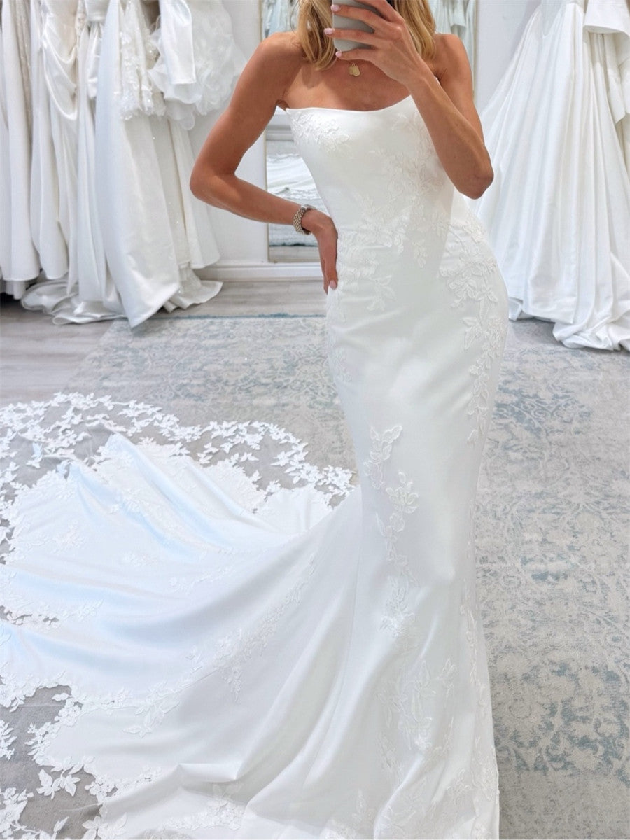 Sheath/Column Straight Appliques Lace Cathedral Train Charmeuse Corset Wedding Dress
