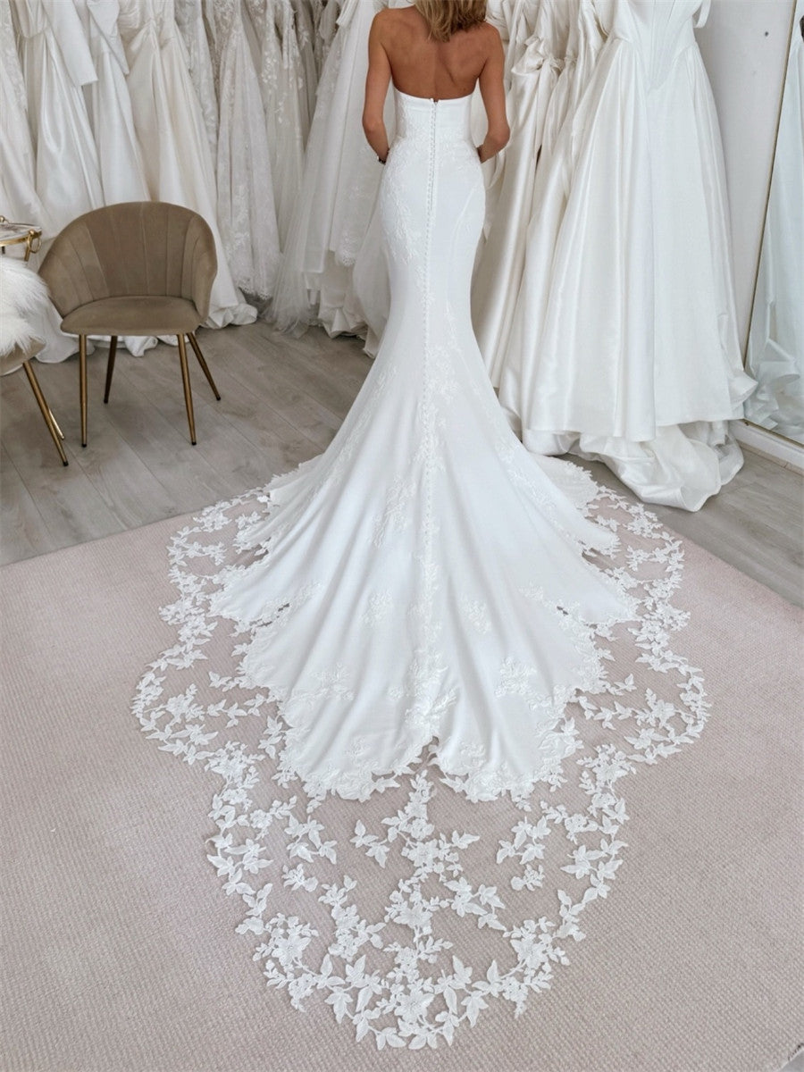 Sheath/Column Straight Appliques Lace Cathedral Train Charmeuse Corset Wedding Dress