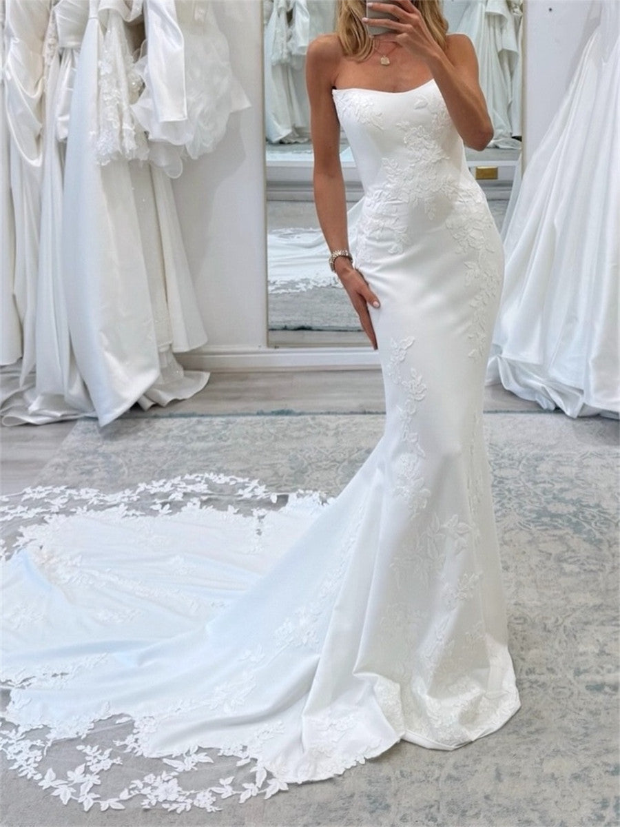 Sheath/Column Straight Appliques Lace Cathedral Train Charmeuse Corset Wedding Dress