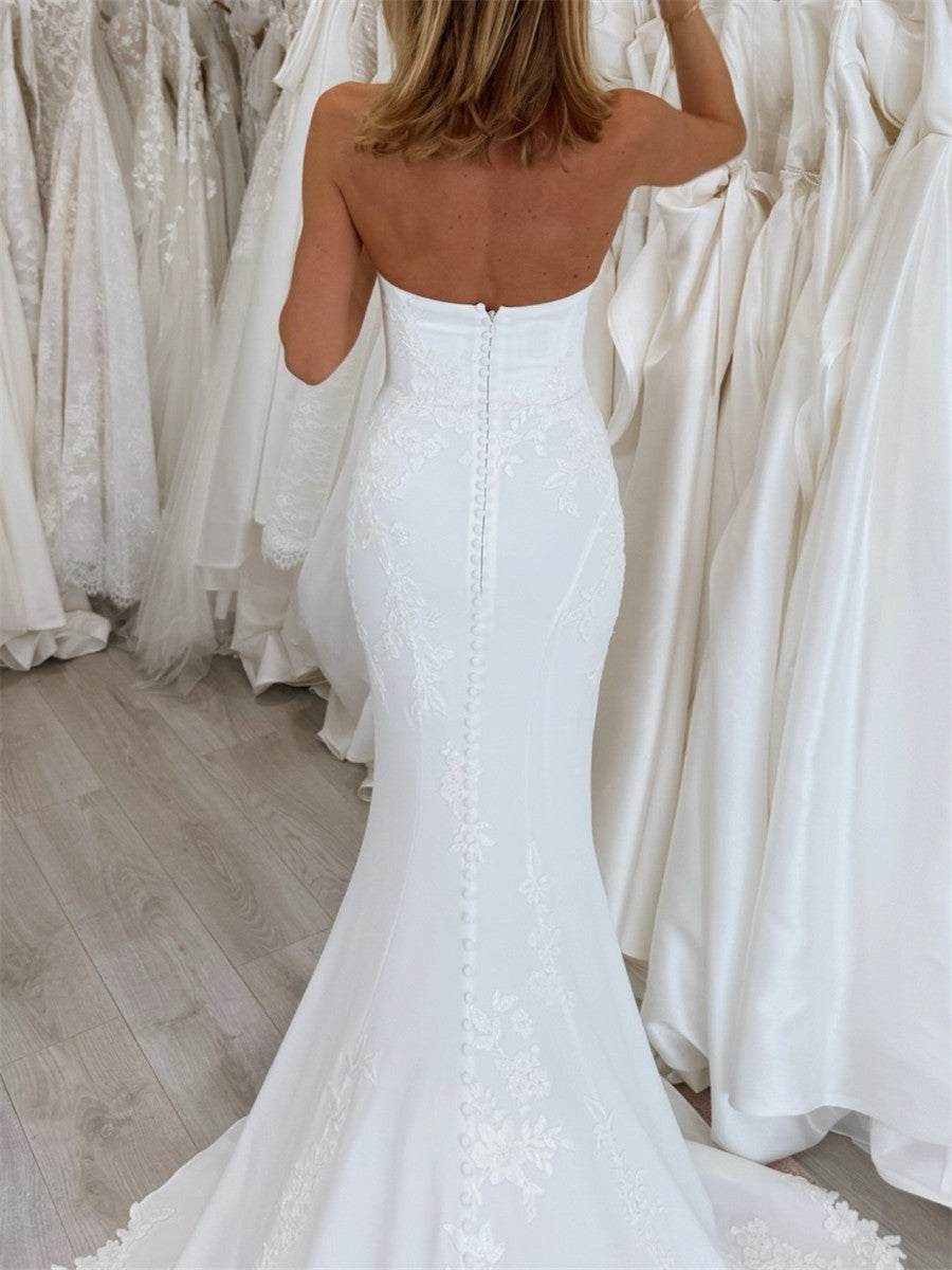 Sheath/Column Straight Appliques Lace Cathedral Train Charmeuse Corset Wedding Dress