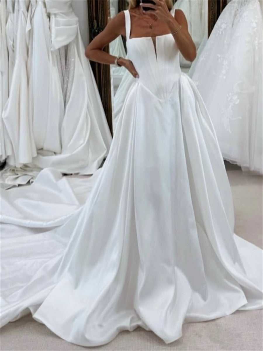 A-line/Princess Straps Cathedral Train Satin Corset Wedding Dress
